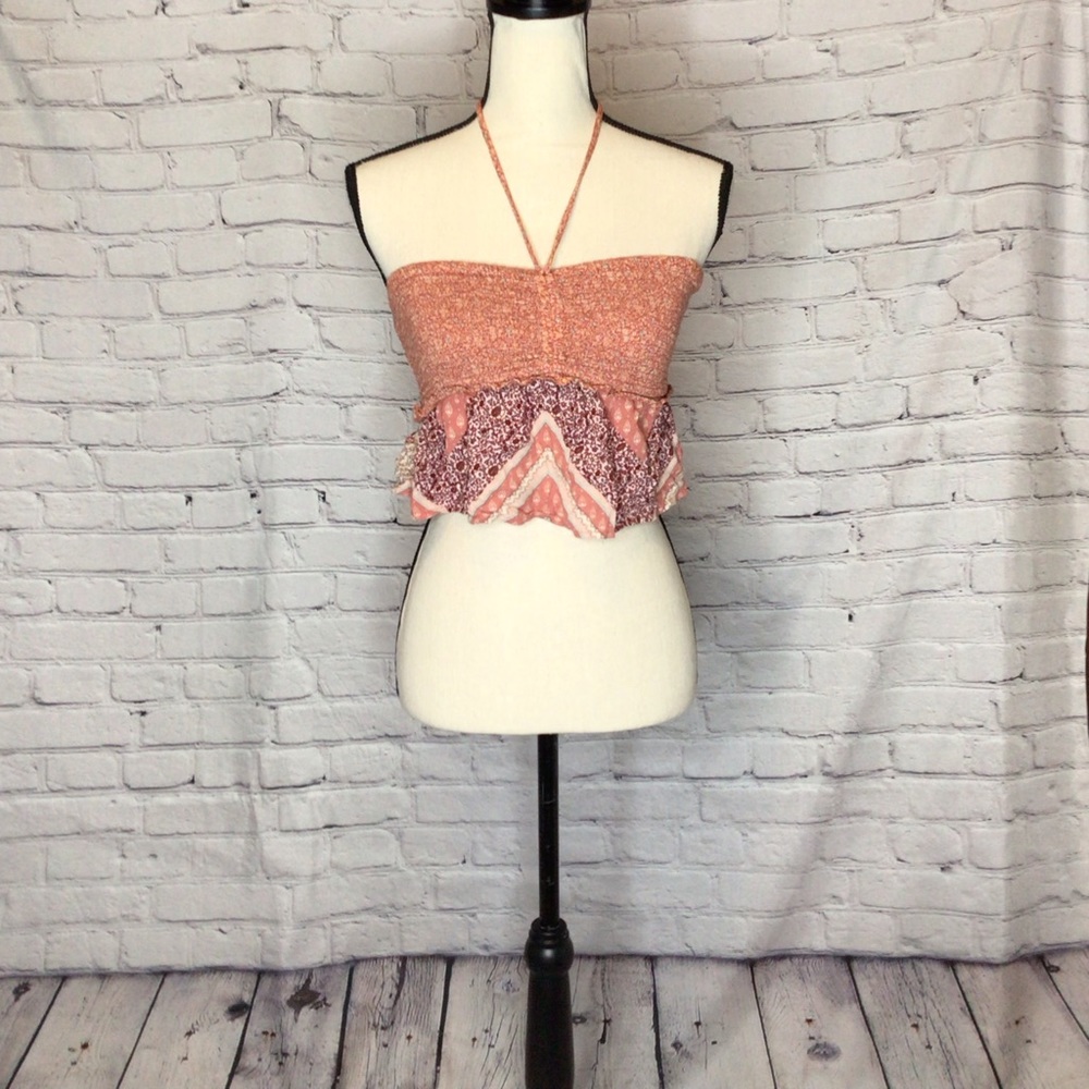 American Eagle Smocked Peplum Hem Bandeau Crop Tube Top Burnt Orange and Wine XS